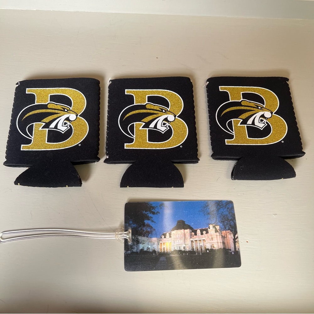 Brenau University Tigers Black & Gold Logo can Koozies plus hologram luggage tag